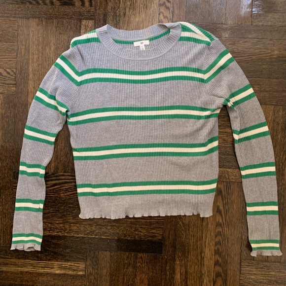 BP Ribbed Lettuce Edge Long Sleeve Striped Sweater Green Gray Size Medium M - Picture 5 of 5